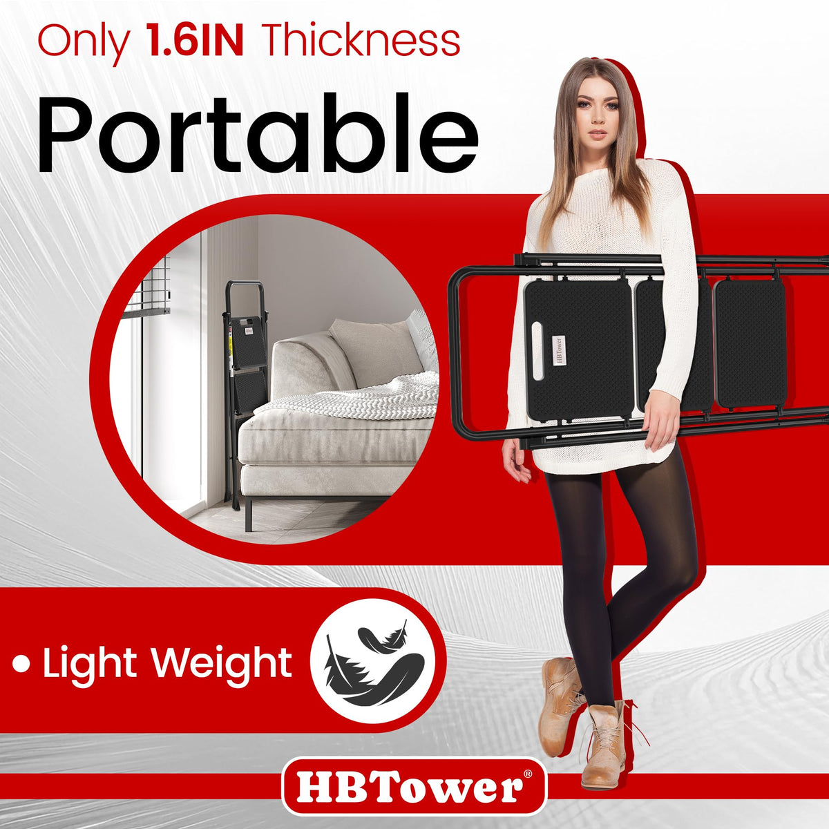 HBTower Step Ladder shows a sturdy steel frame for reliable support.