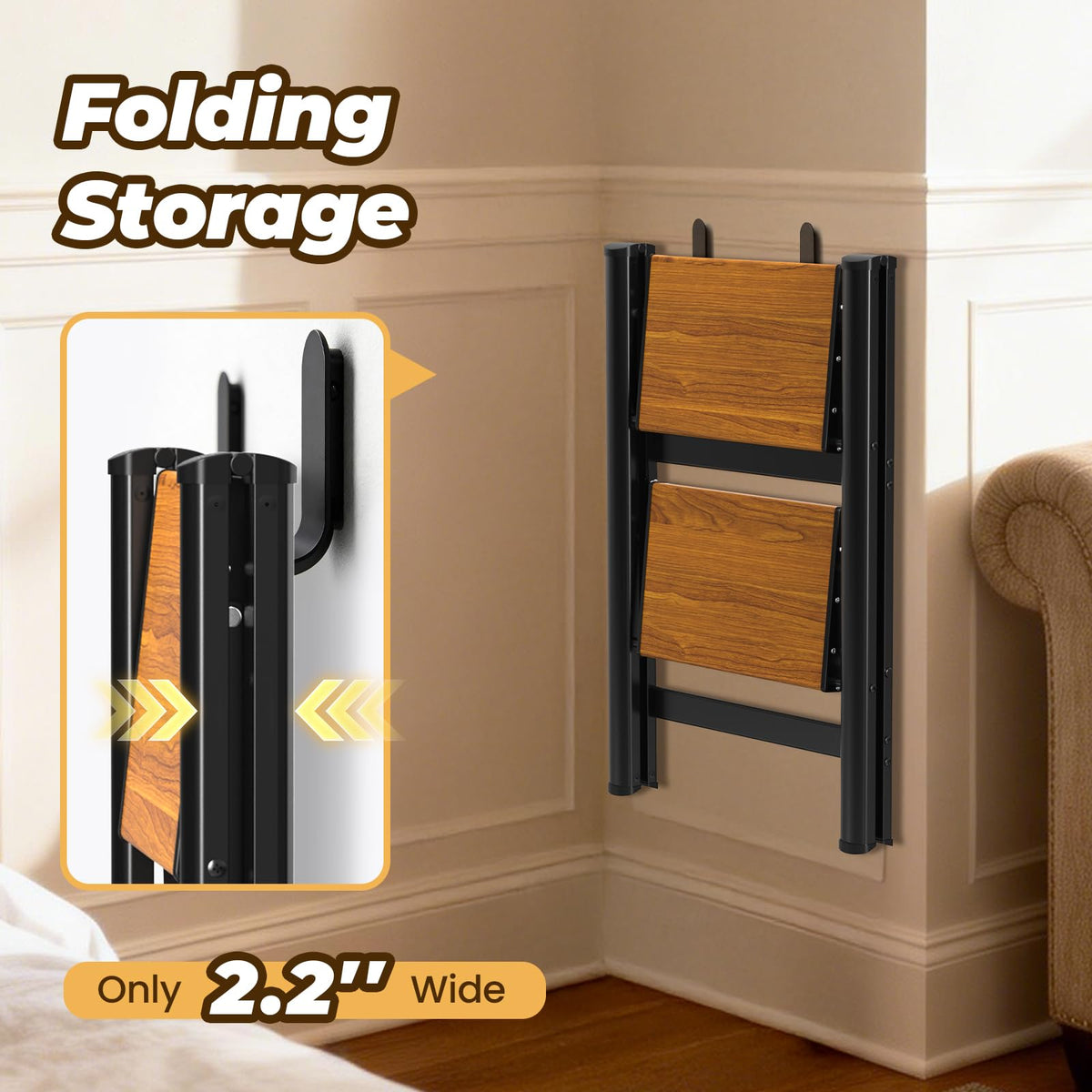 HBTower two-step ladder with triangular design for stable footing.