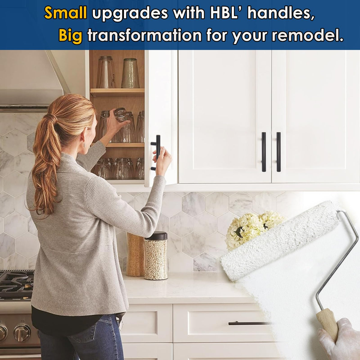 HBL' pulls installed on a drawer demonstrating 3-inch center-to-center spacing