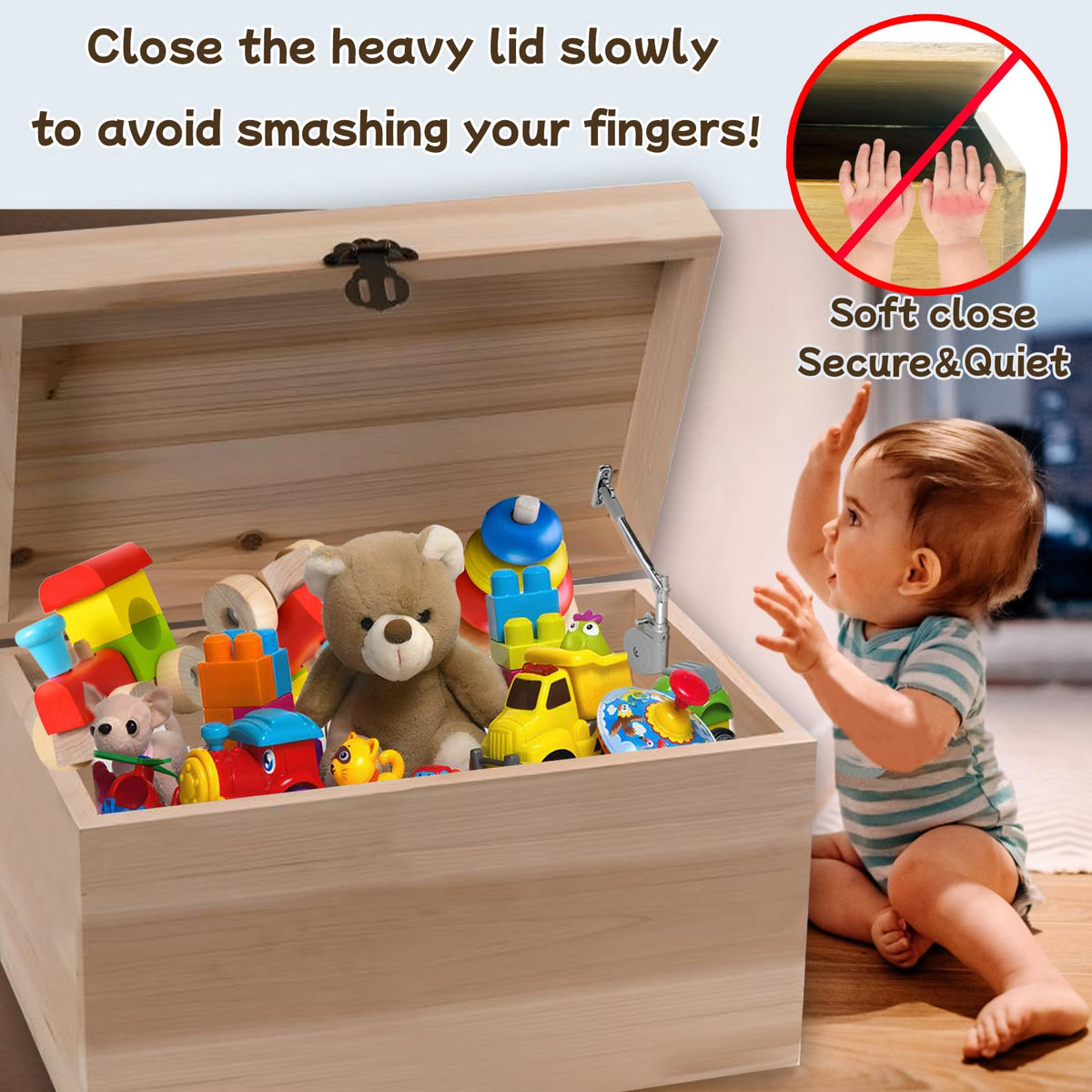HBL' soft close hinges on wooden chests reduce loud bangs and protect fingers