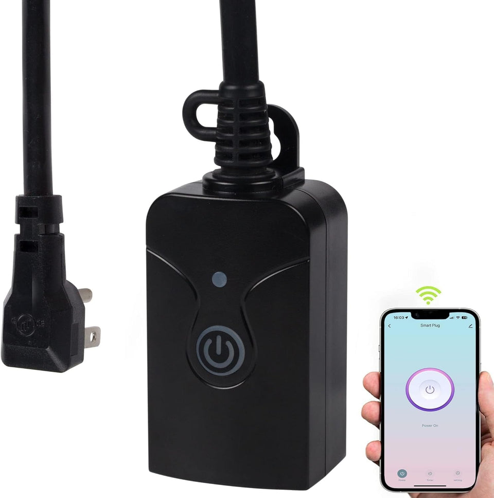 HBN Outdoor Smart WiFi Plug Outlet mounted on wall enables remote control.