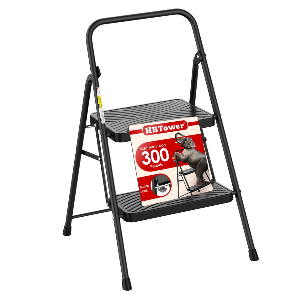 HBTower 2-step ladder folded for compact storage and portable use.