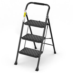 HBTower 3-step ladder with top-pedal lock for stable setup.