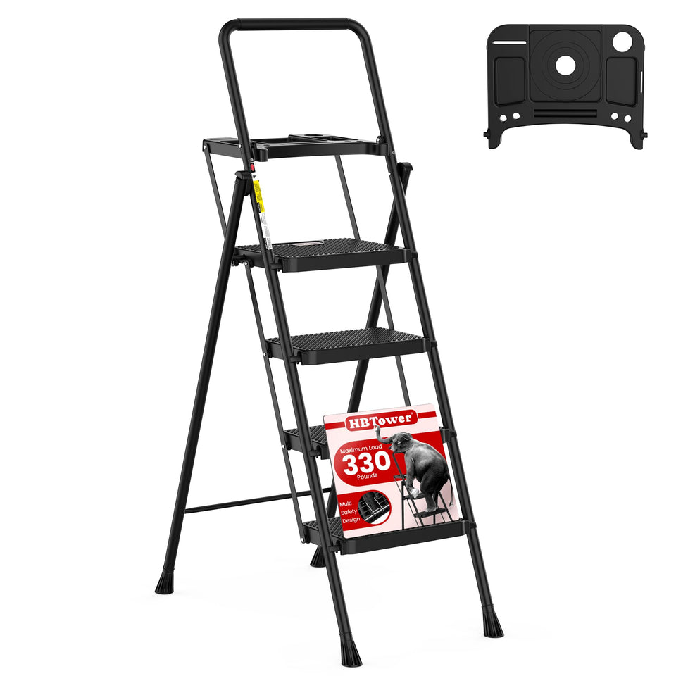 HBTower 4-step folding ladder open with handrail for easy indoor reach
