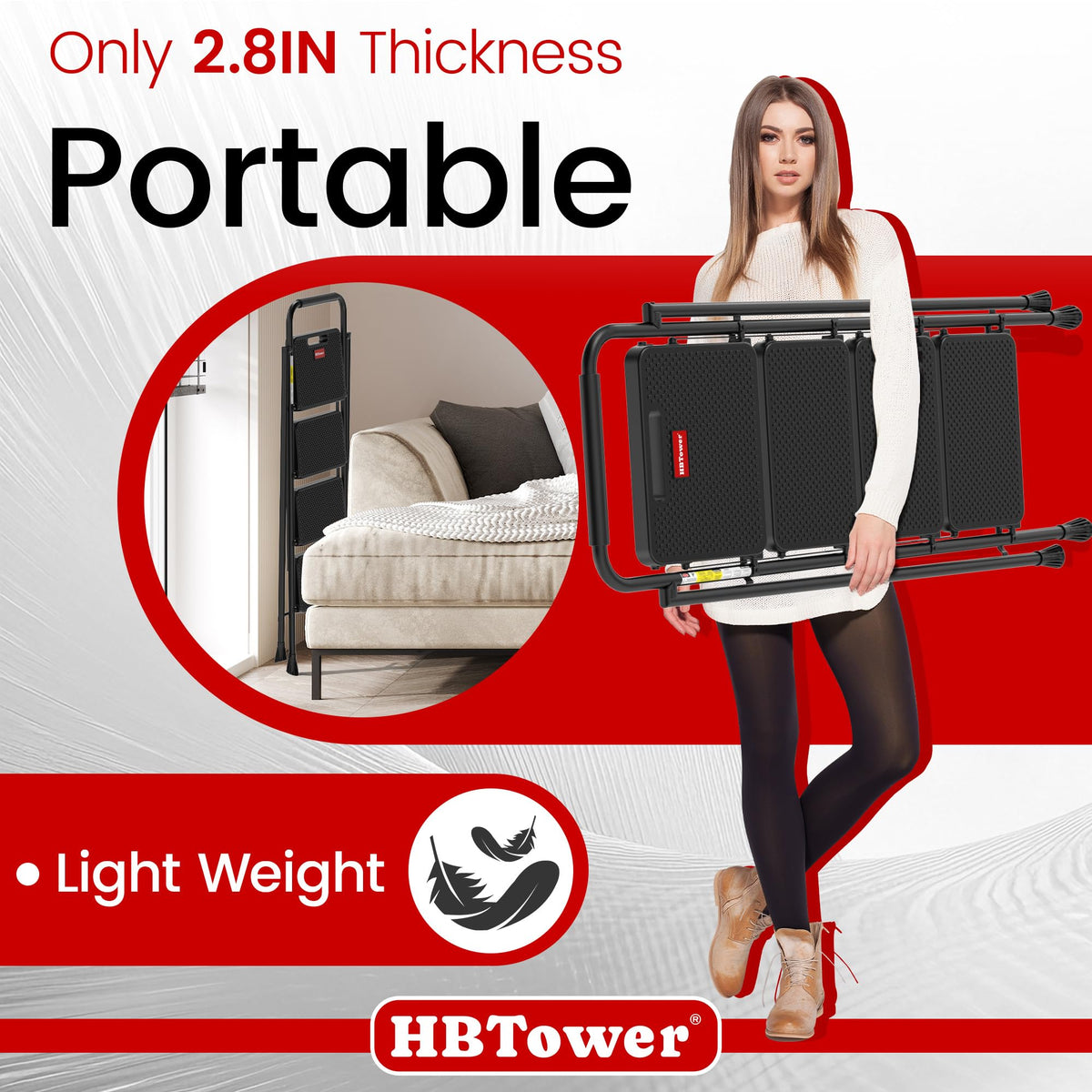 HBTower 4-step ladder extended for tall cabinet access.