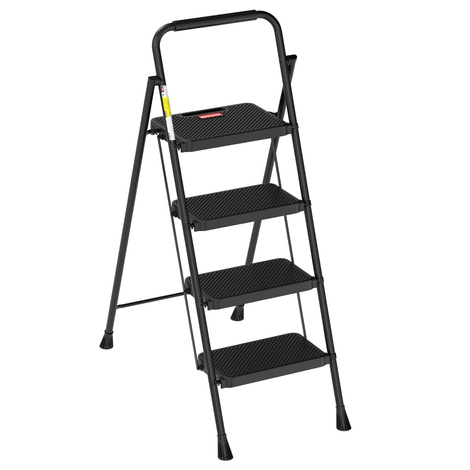 HBTower 4-step ladder folded for compact storage in a closet.