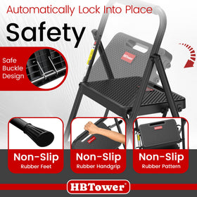HBTower 4-step ladder in use reaching high kitchen shelves.