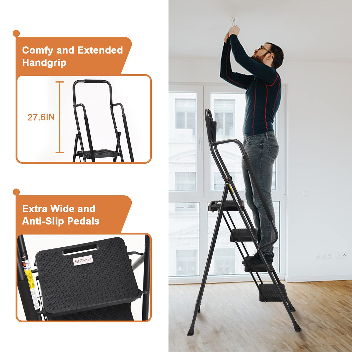 HBTower folding stool with attachable tool bag for quick tool access