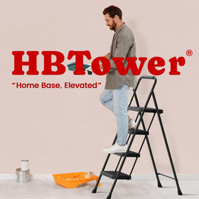 HBTower ladder features textured steps and non-slip feet on wood floor.