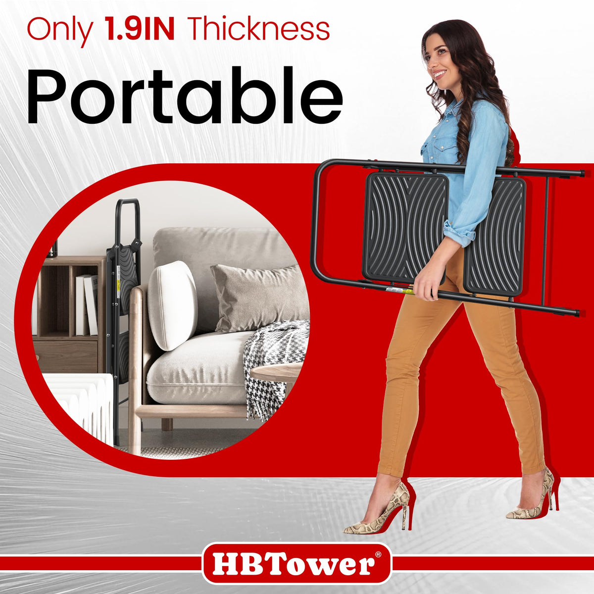 HBTower compact folding ladder fits in small closets and car trunk.