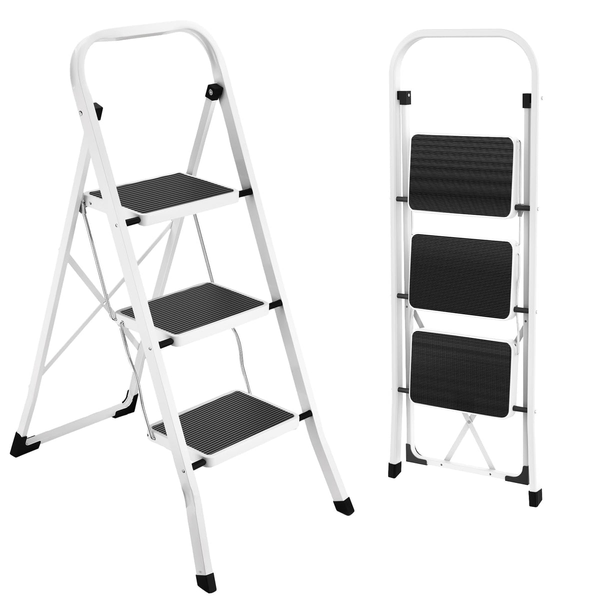 HBTower step ladder folded for compact storage in pantry or closet.
