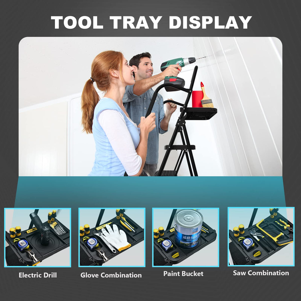 HBTower Step Ladder tool platform enables convenient tool access during tasks.