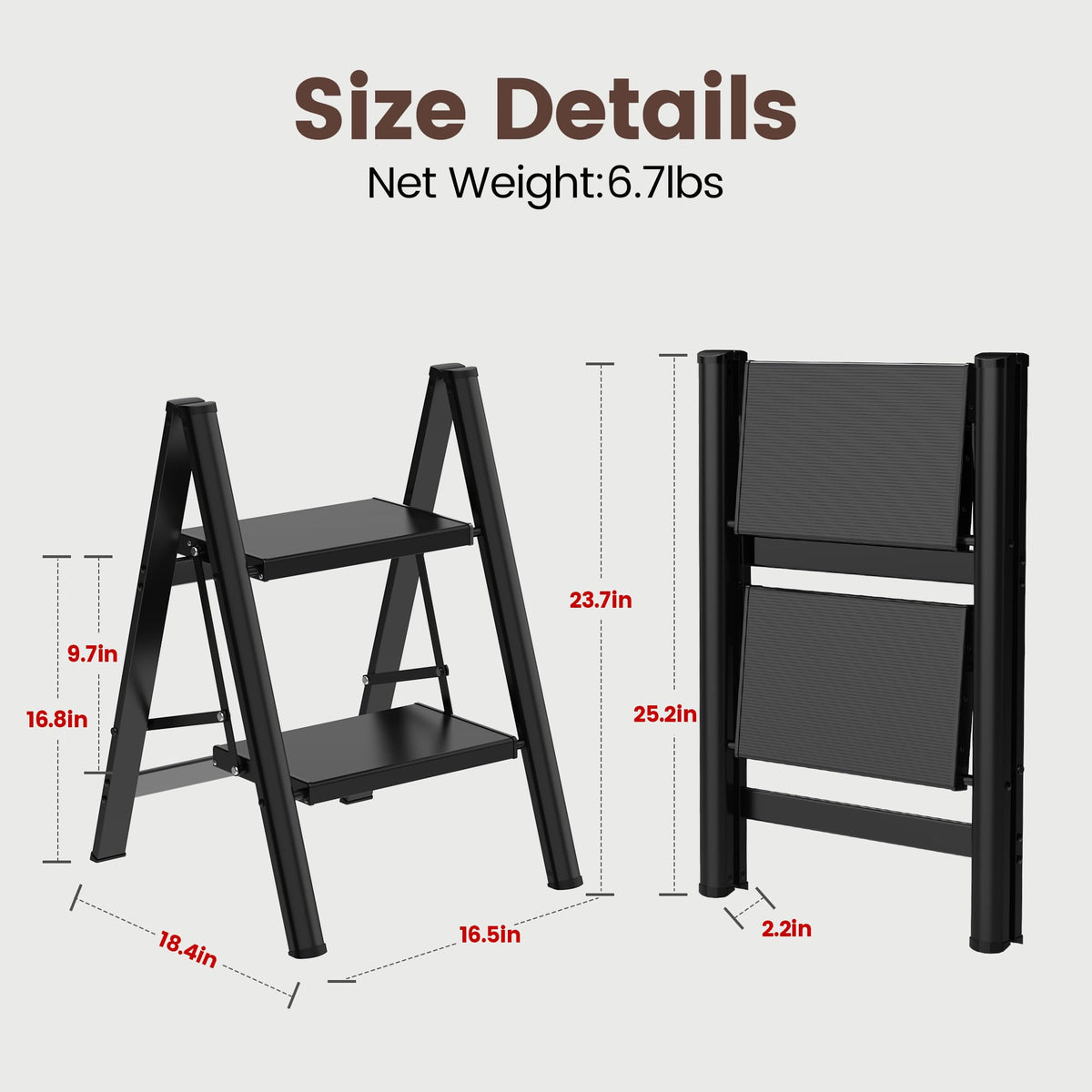 HBTower two-step ladder folded for compact storage in small spaces.