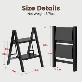 HBTower two-step ladder folded for compact storage in small spaces.