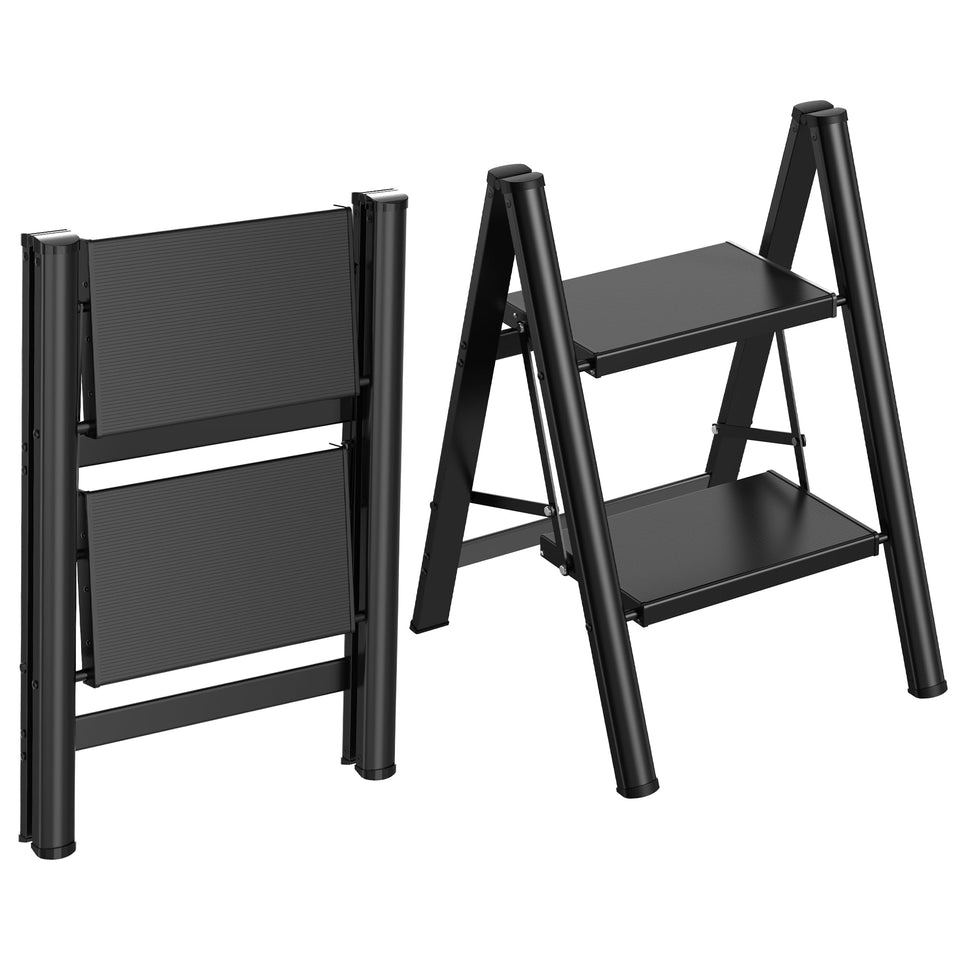 HBTower two-step ladder open shows sturdy reach for high shelves.
