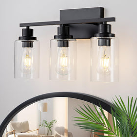 HCCZ 3-light bathroom fixture with matte black finish and glass shades for a contemporary look.