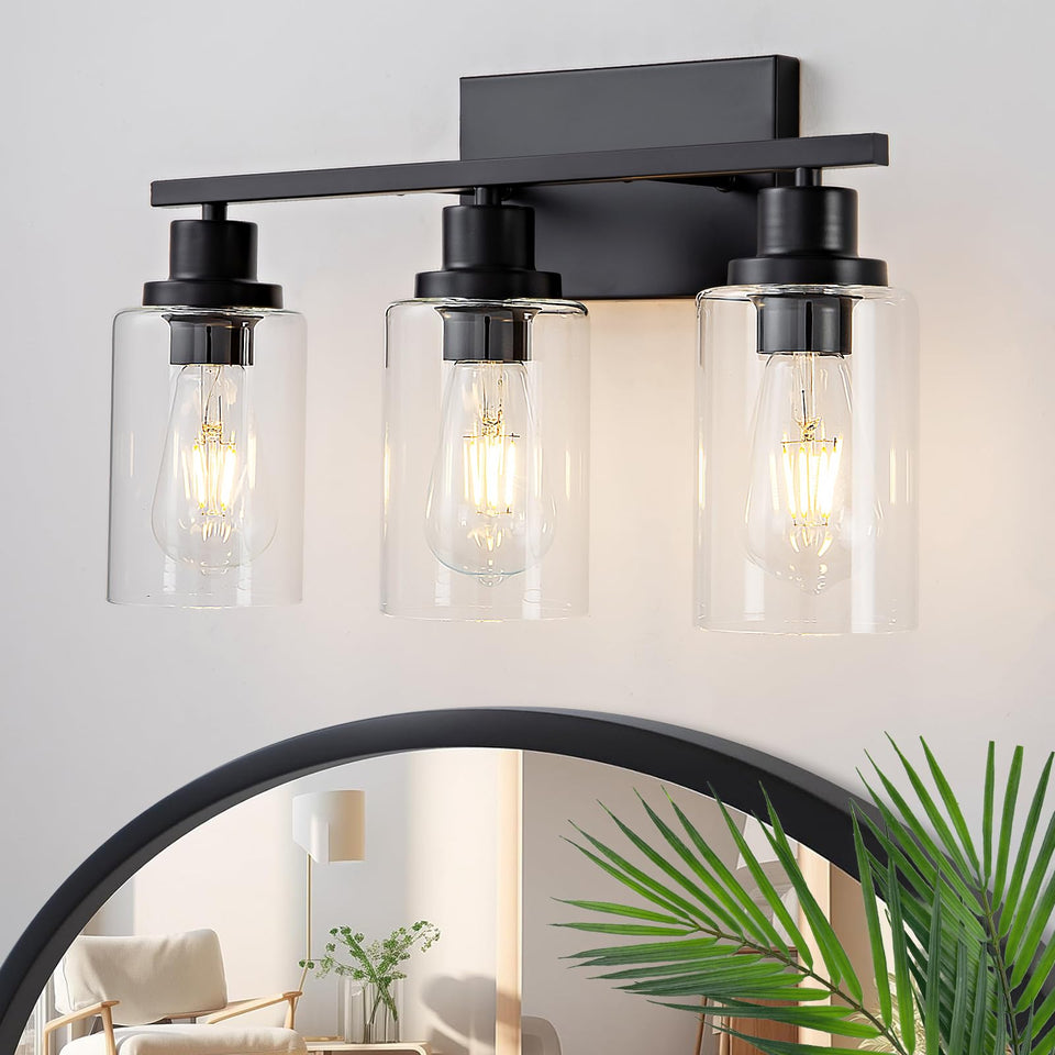 HCCZ 3-light bathroom fixture with matte black finish and glass shades for a contemporary look.
