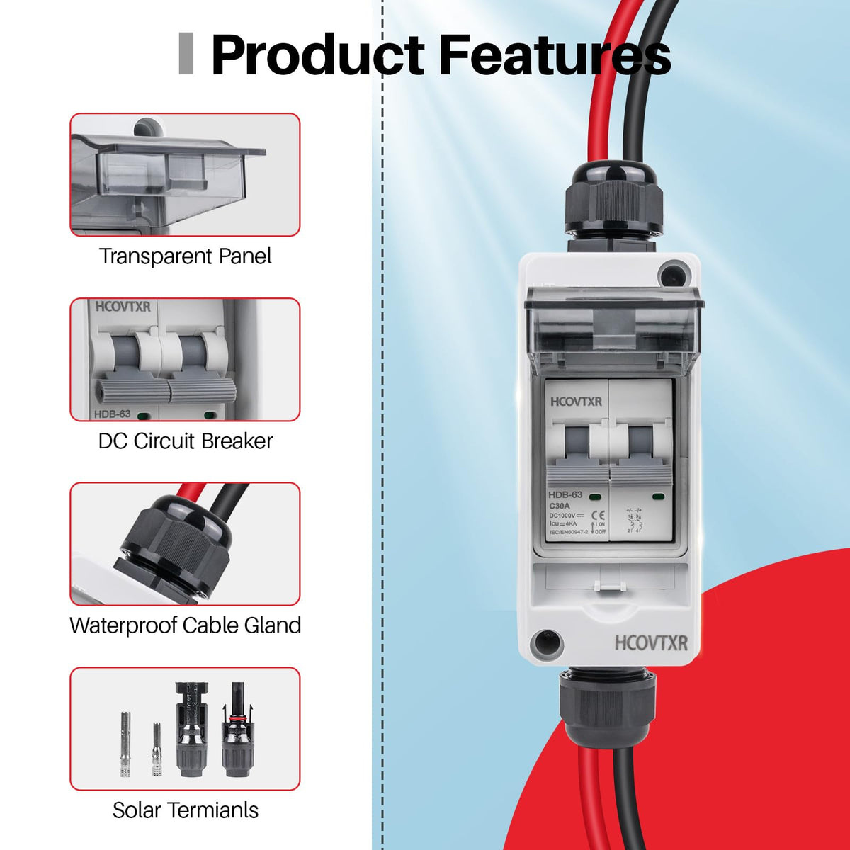 HCOVTXR solar panel disconnect switch side view, easy access for quick maintenance.