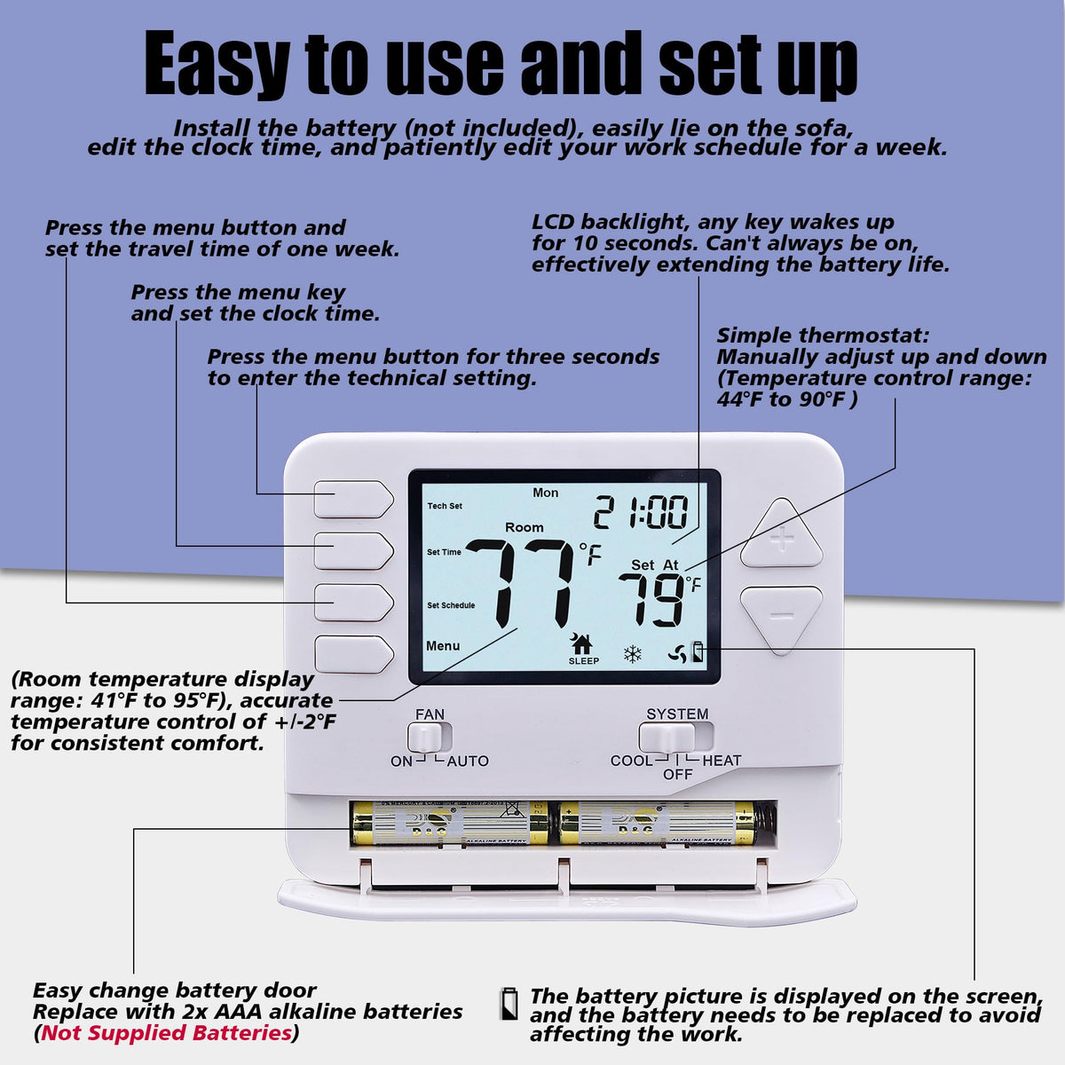 Heagstat powered by 2 AA batteries for wireless installation