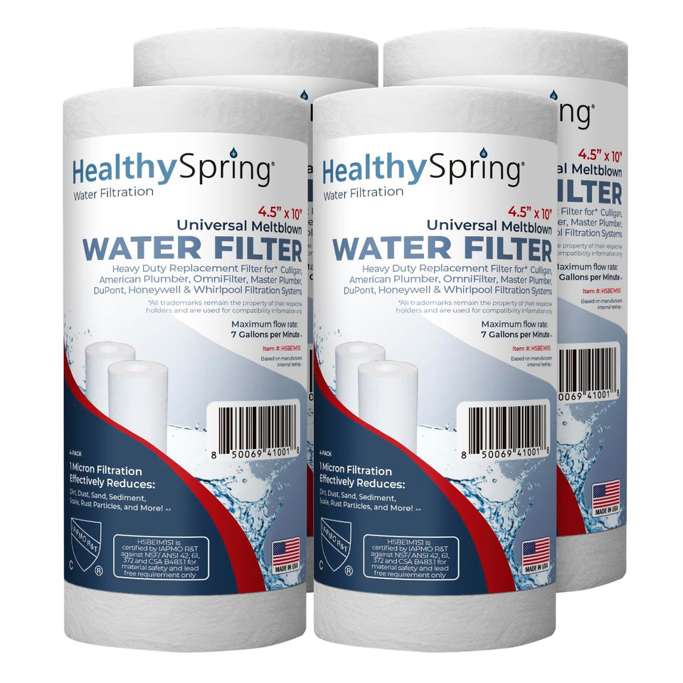 Healthy Spring American-made sediment filter packaging shows 10x4.5-inch size
