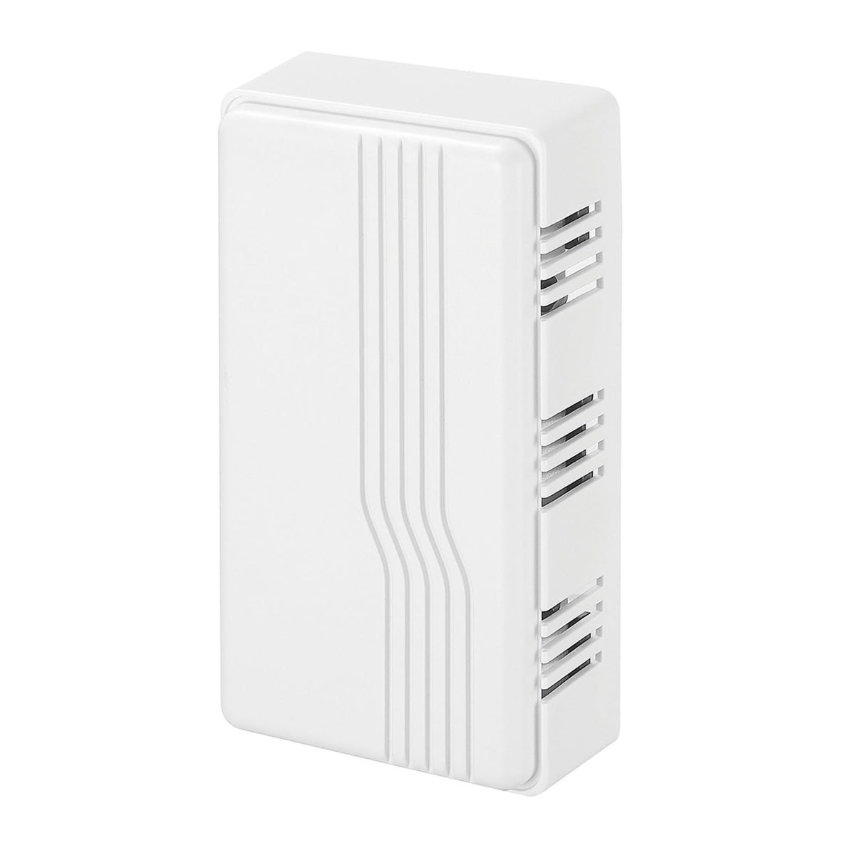 Heath Zenith doorbell chime front view in white plastic, blends with decor