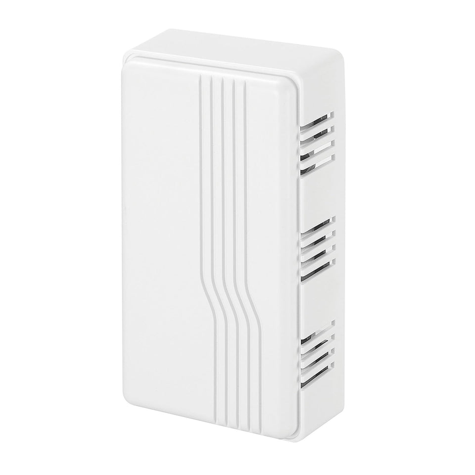 Heath Zenith doorbell chime front view in white plastic, blends with decor