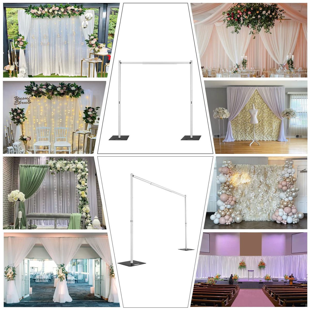 Hecis easy transport and storage for backdrop components after use.