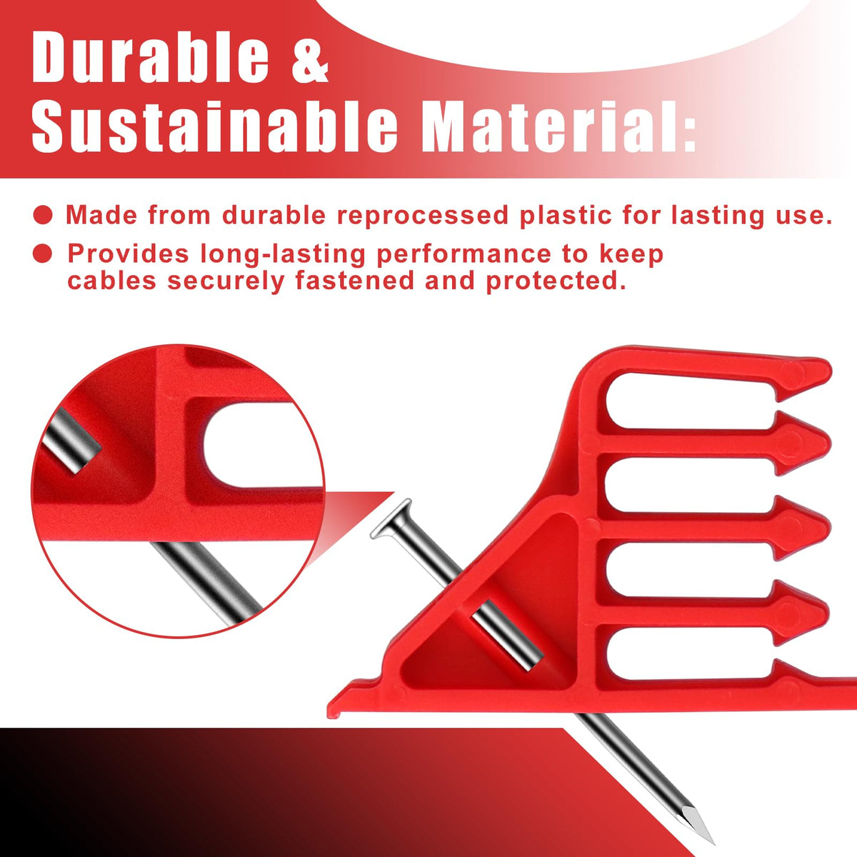 Hedday wire staples clips with steel nails securely fastening cables.