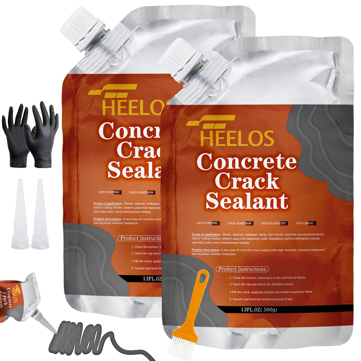 Heelos concrete crack filler 2-pack 500g for quick outdoor repairs.