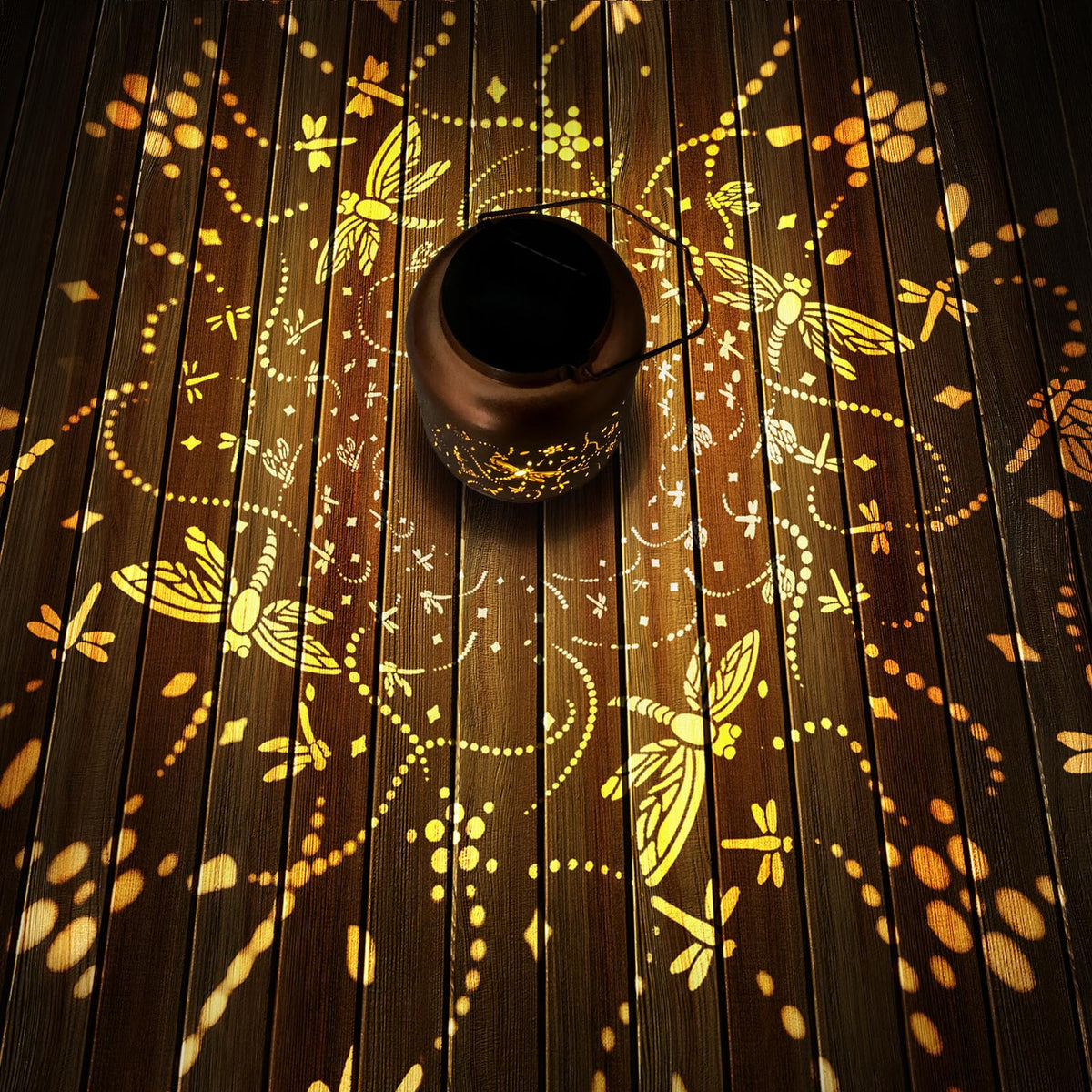 HEGUD gold copper dragonfly lantern brightens outdoor patio.