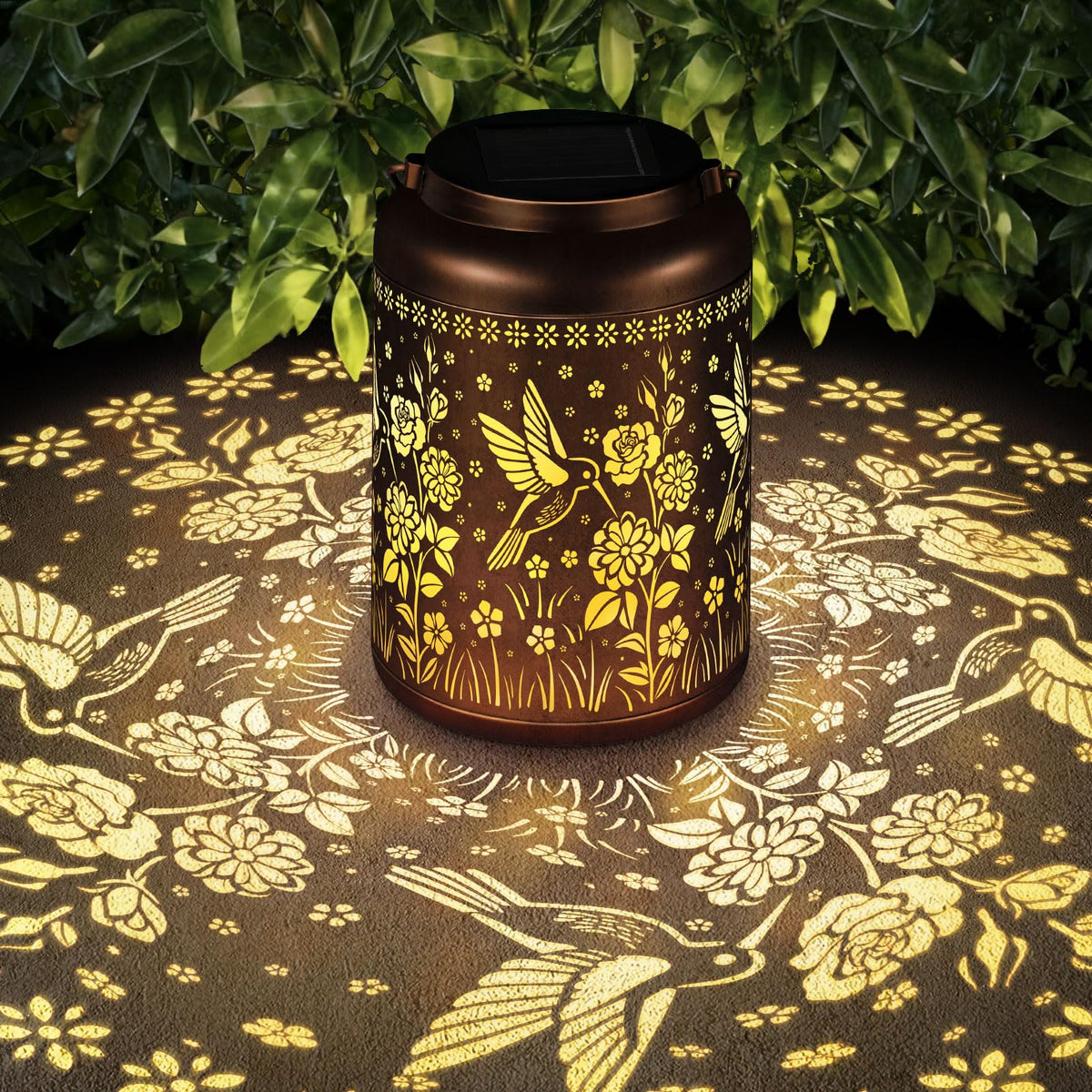 HEGUD hummingbird solar lantern glows warmly for outdoor evenings.