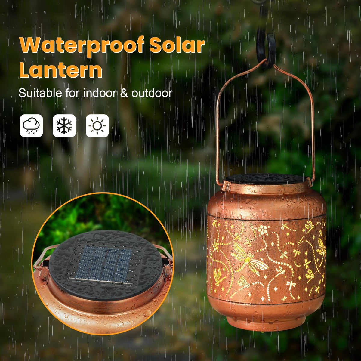 HEGUD IP65 waterproof lantern withstands rain for yard decor.