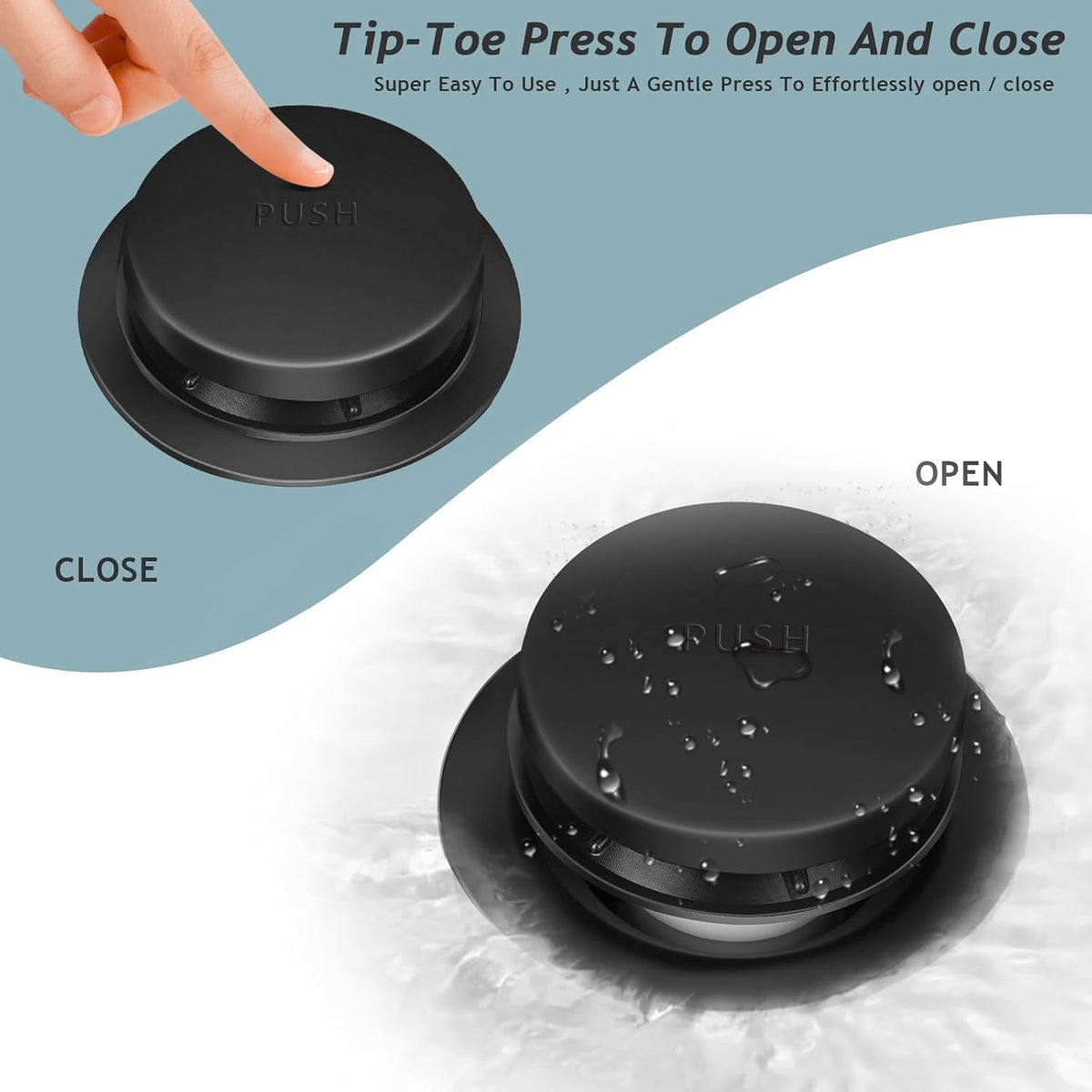 HeiLuon drain stopper close-up emphasizing smooth push-to-open action.