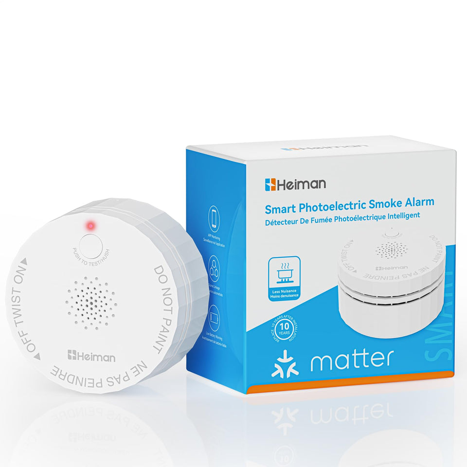 HEIMAN Matter smoke detector front view highlighting compact design for modern homes