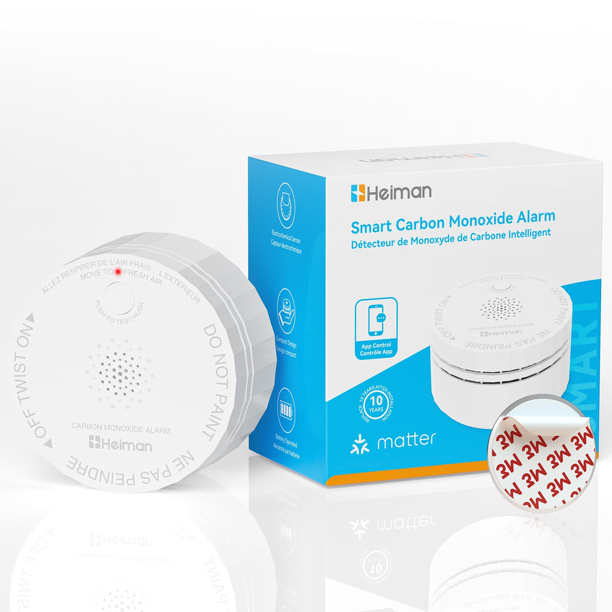 Heiman smart CO detector front view for unobtrusive home safety and reliable monitoring.