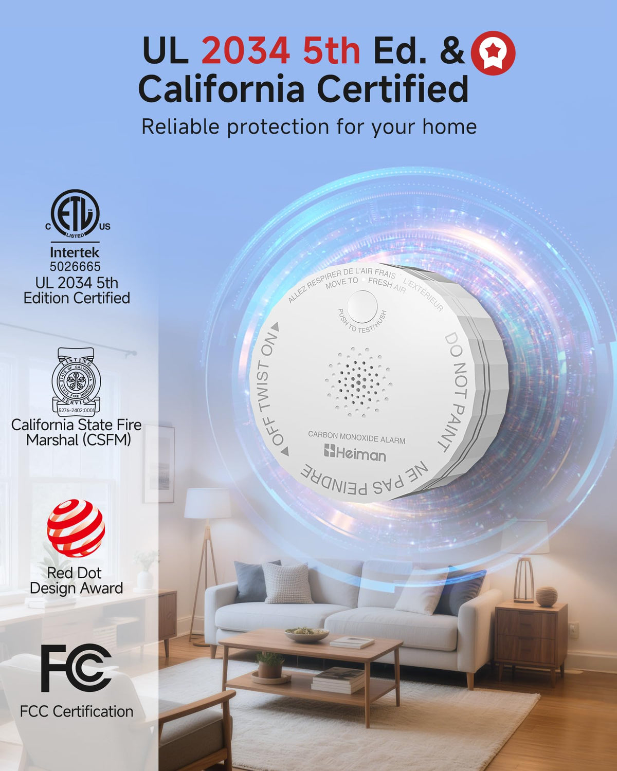 Heiman smart CO detector side view highlighting its slim profile for apartments.