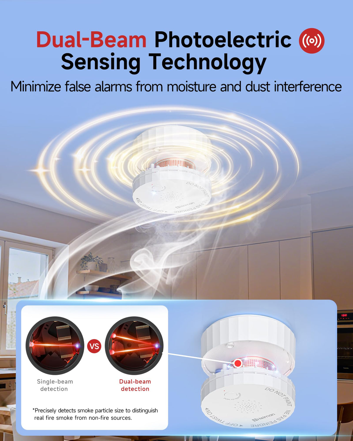 HEIMAN smoke detector 10-year battery illustration showing long-term power.