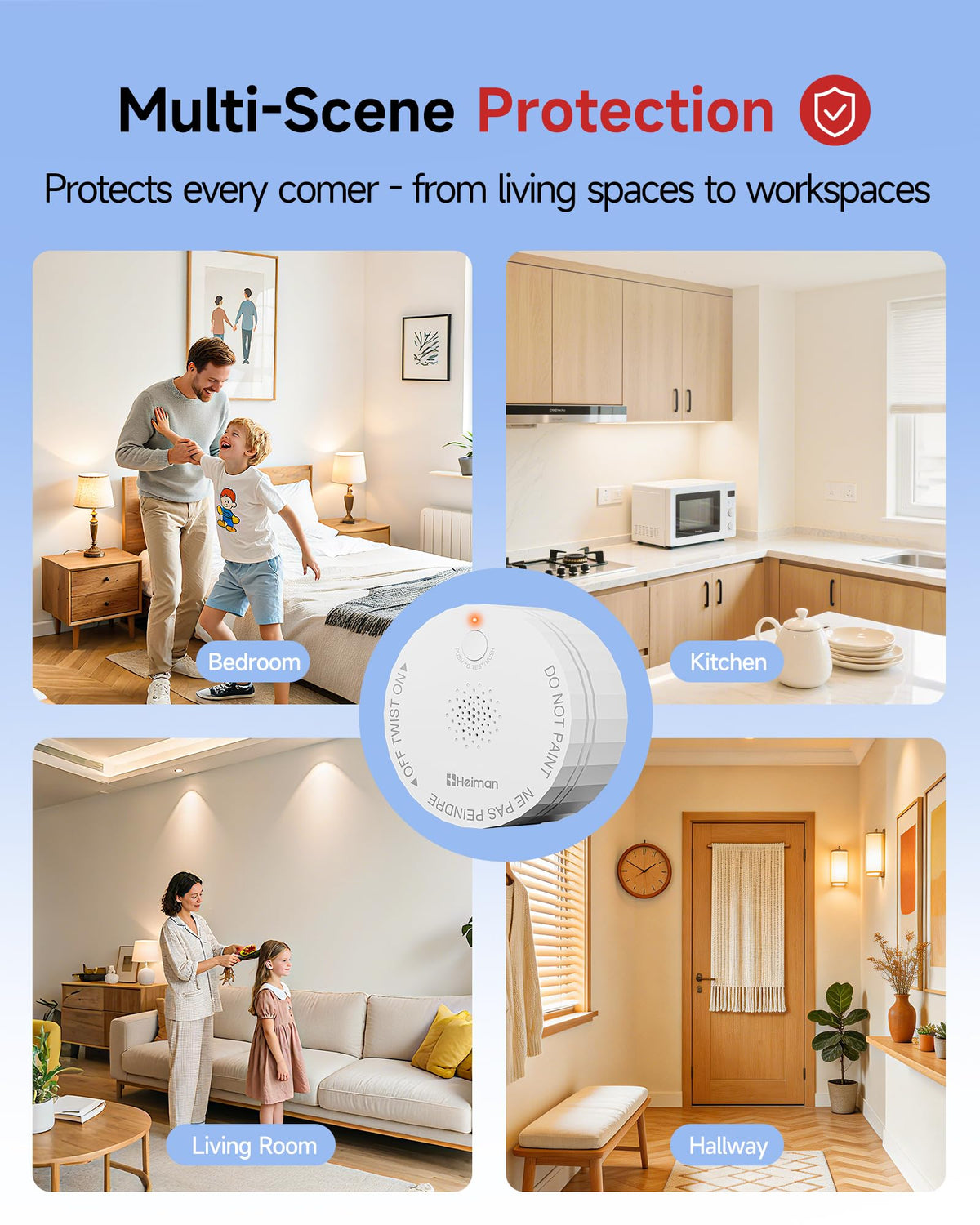 HEIMAN smoke detector compact design fits bedrooms and kitchens without clutter