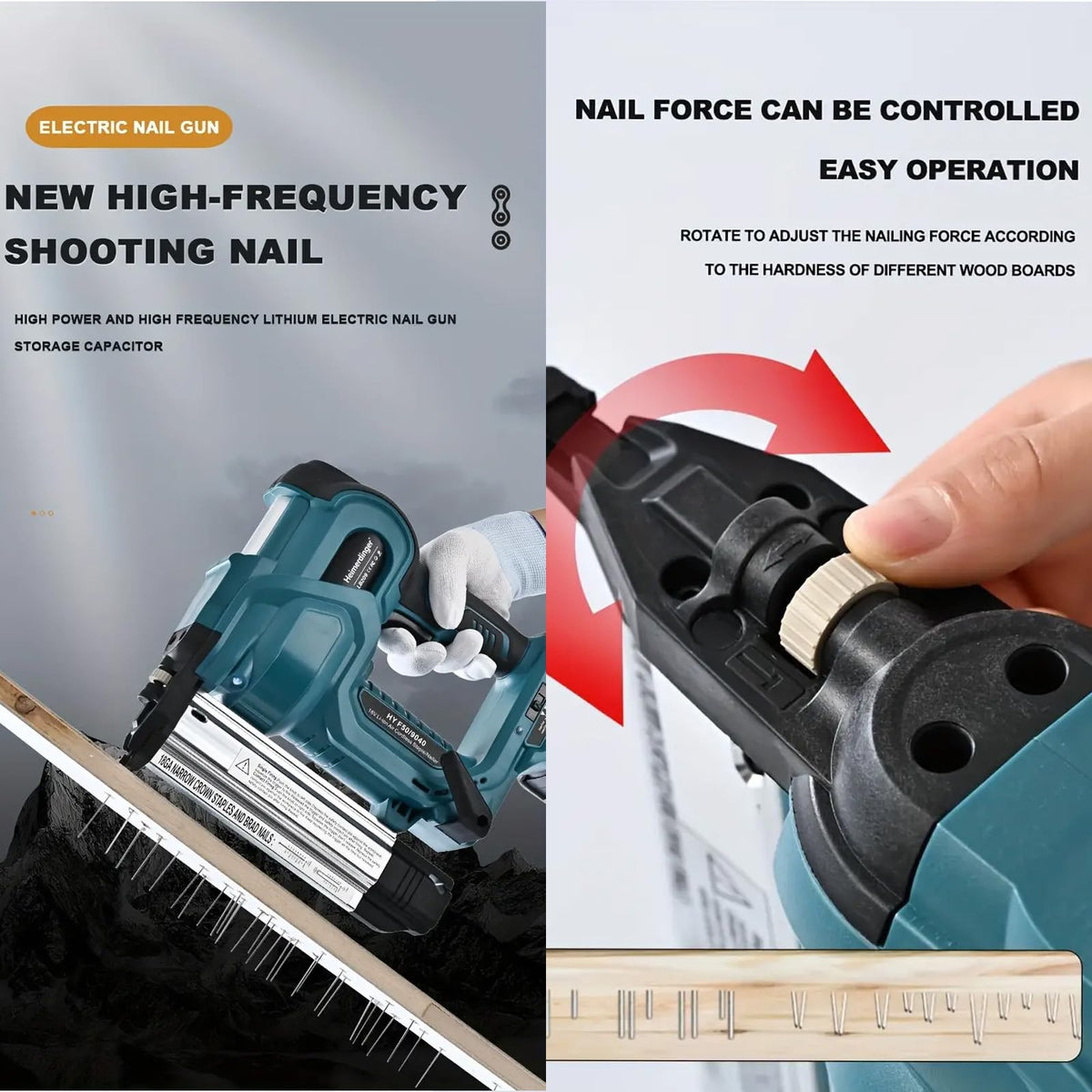 Heimerdinger staple gun assembly demonstrates 18GA nails and crown staples versatility
