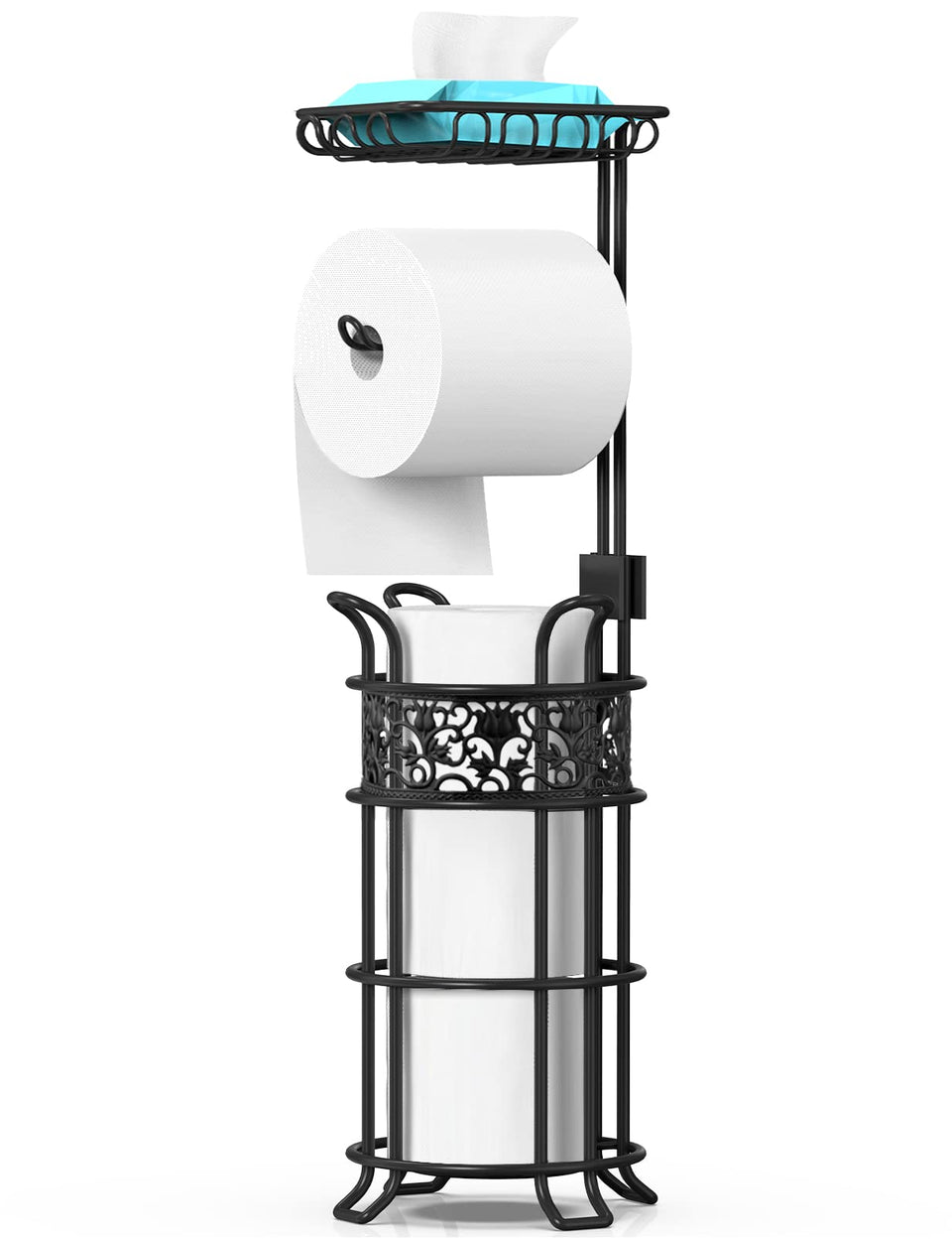 Heioov toilet paper holder stand with shelf showing large capacity for jumbo rolls