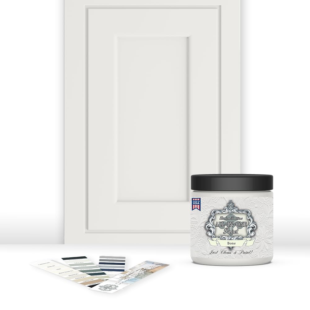 Heirloom Traditions All-In-One Paint in Bone Off-White on cabinets, smooth durable finish.