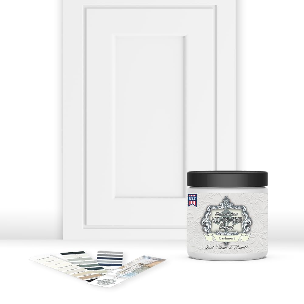 Heirloom Traditions ALL-IN-ONE Paint cashmere bottle shows durable, smooth coverage for quick refinishing.