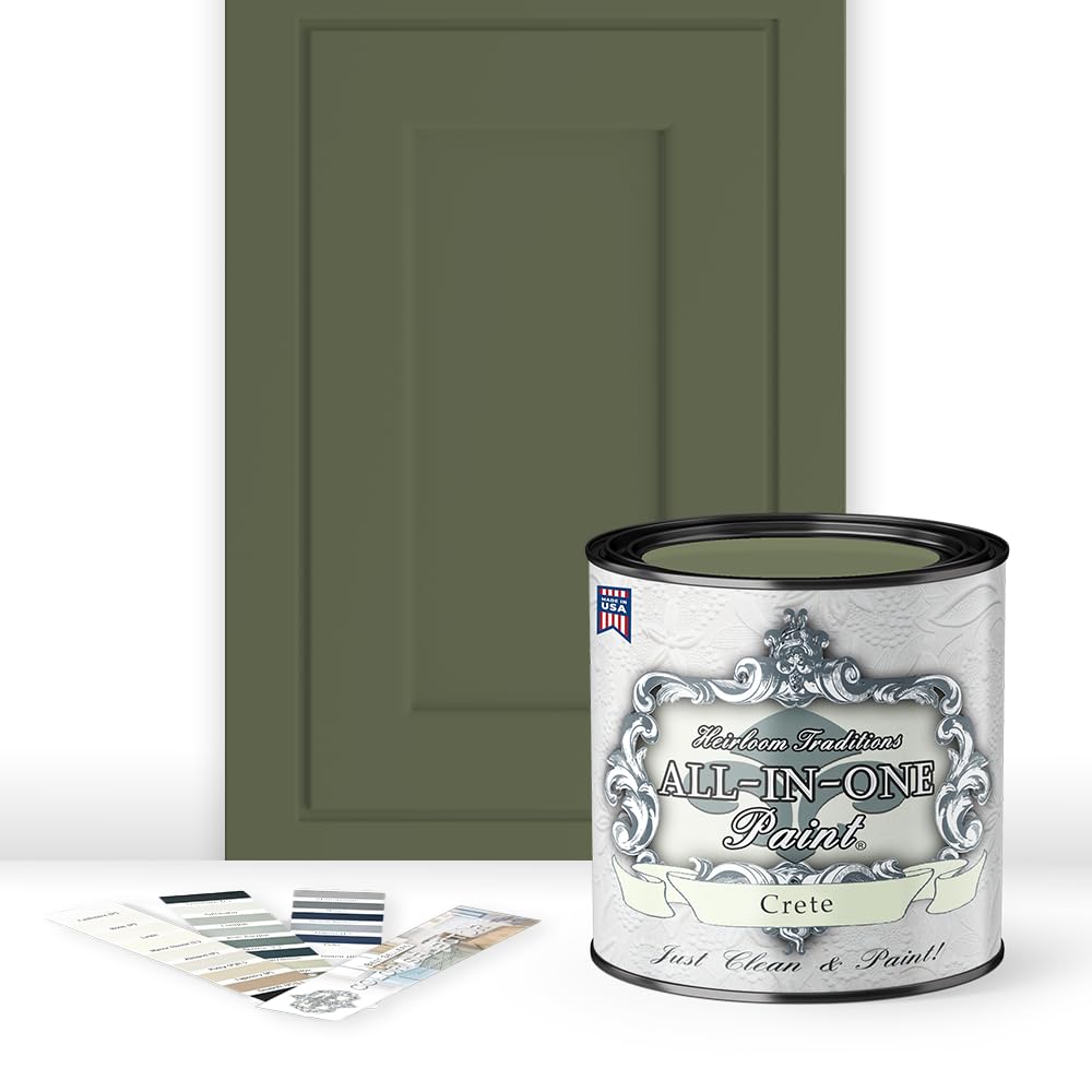 Heirloom Traditions ALL-IN-ONE Paint bottle label showing Crete Olive Green color