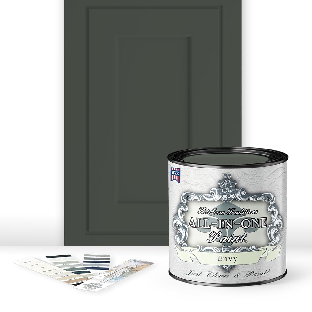 Heirloom Traditions All-In-One Paint Envy Slate Green bottle shows easy, durable coverage