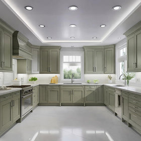 Heirloom Traditions painted cabinet in Crete Olive Green shows durable, smooth finish.