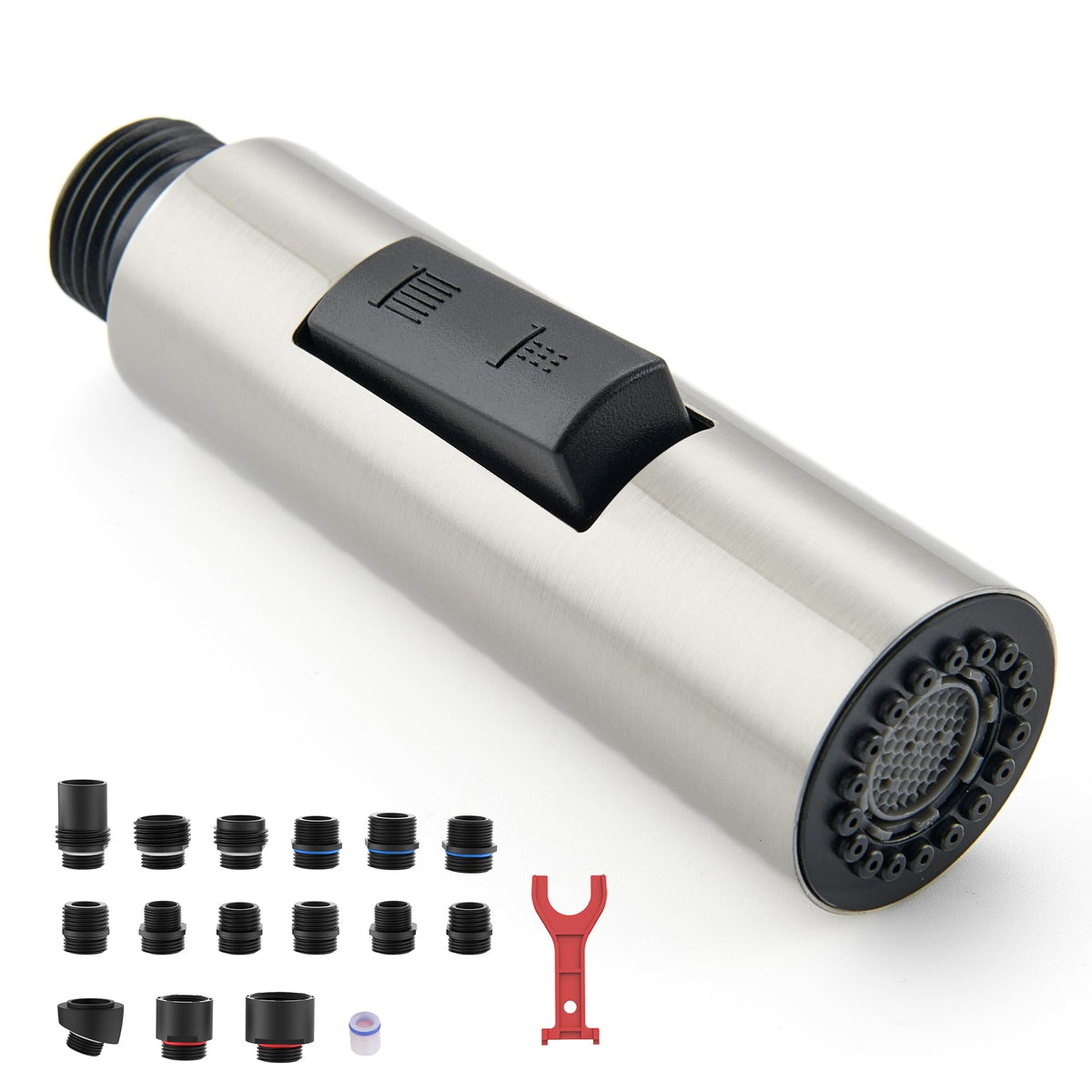 HEISOK metal faucet head close-up with brushed nickel finish and rust resistance