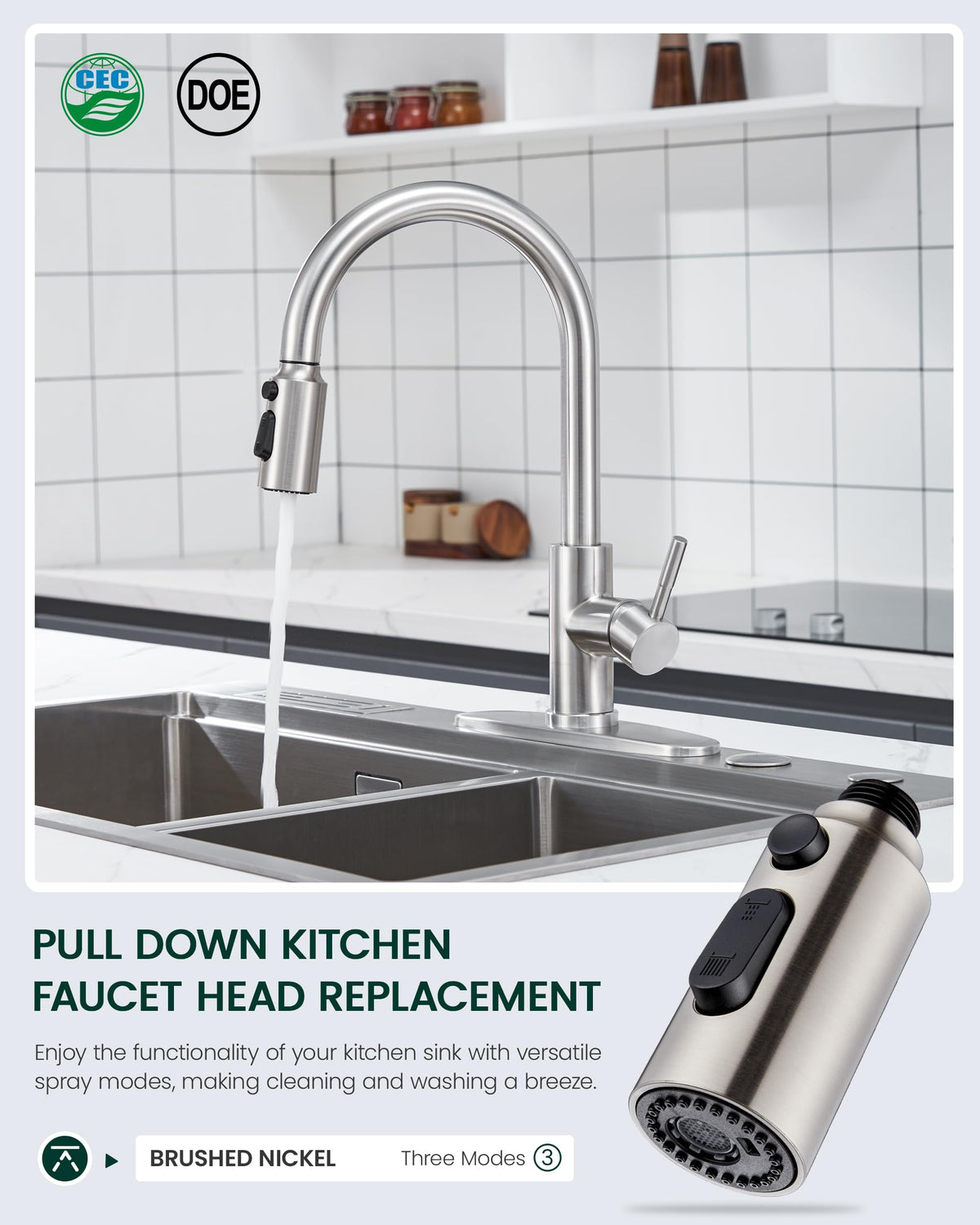 HEISOK pull-down head with adapters kit ready for many faucets
