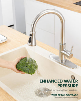 HEISOK pull-out spout in use for easy rinsing in a busy kitchen
