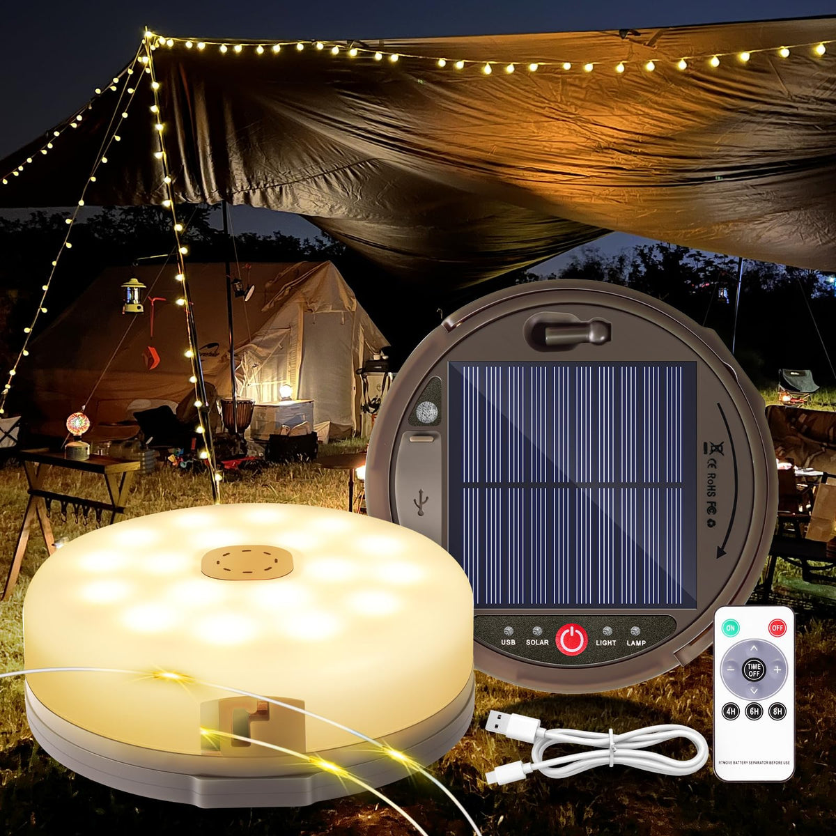 HELESIN solar/USB recharge camping light with 42ft reach for tents and yards.