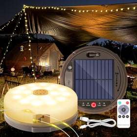 HELESIN solar/USB recharge camping light with 42ft reach for tents and yards.